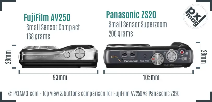 FujiFilm AV250 vs Panasonic ZS20 top view buttons comparison FujiFilm AV250 vs Panasonic ZS20 top view buttons comparison