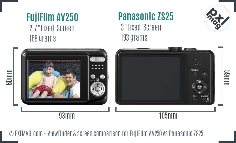 FujiFilm AV250 vs Panasonic ZS25 Screen and Viewfinder comparison