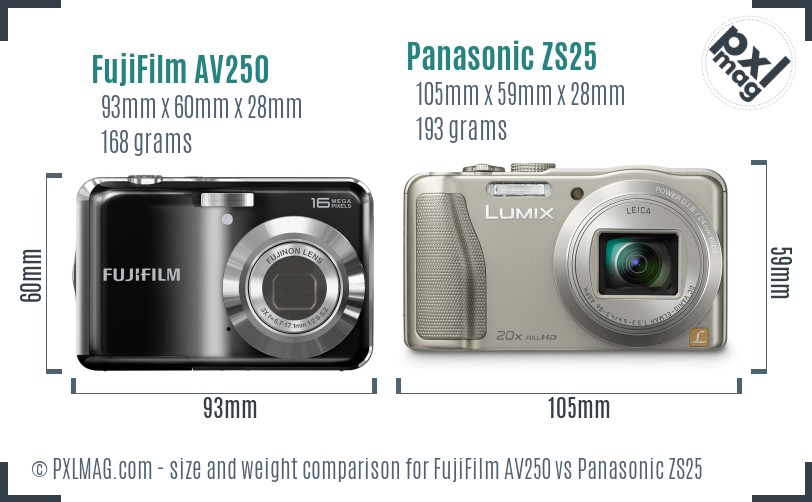 FujiFilm AV250 vs Panasonic ZS25 size comparison FujiFilm AV250 vs Panasonic ZS25 size comparison
