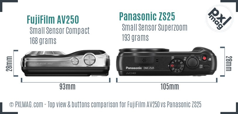 FujiFilm AV250 vs Panasonic ZS25 top view buttons comparison