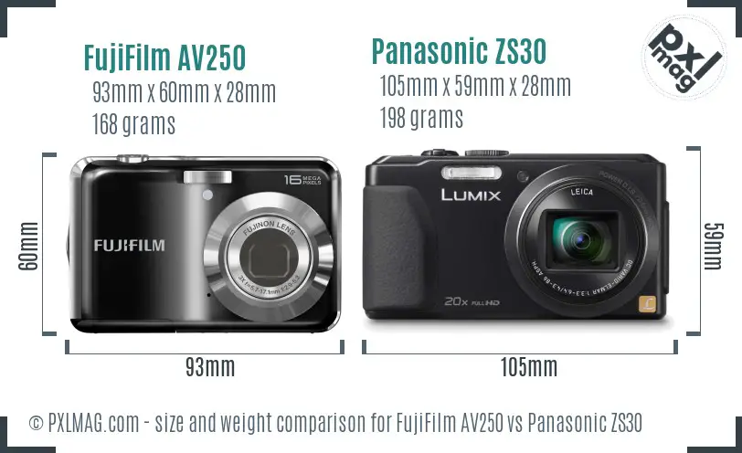 FujiFilm AV250 vs Panasonic ZS30 size comparison