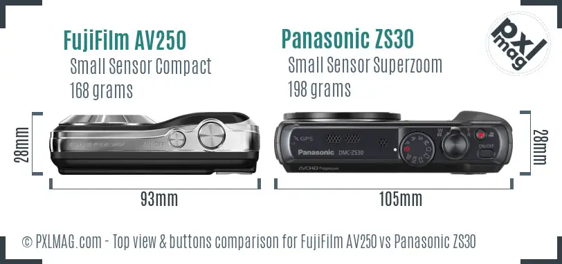 FujiFilm AV250 vs Panasonic ZS30 top view buttons comparison