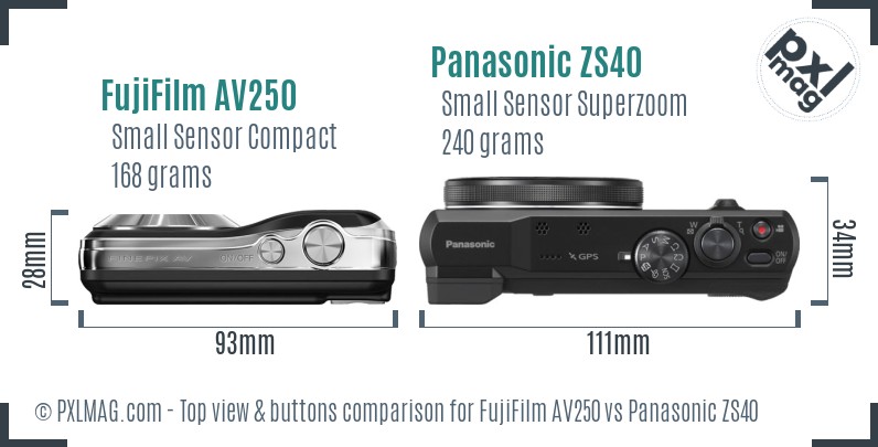 FujiFilm AV250 vs Panasonic ZS40 top view buttons comparison