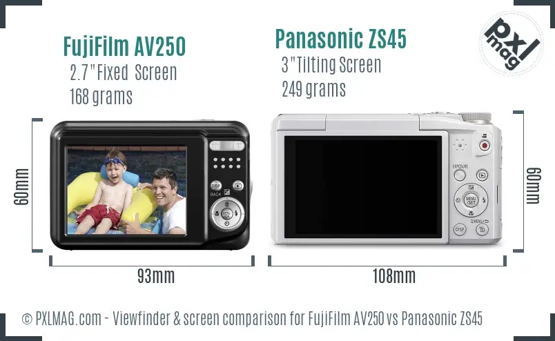 FujiFilm AV250 vs Panasonic ZS45 Screen and Viewfinder comparison