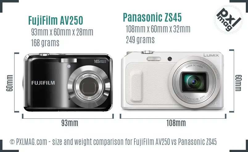 FujiFilm AV250 vs Panasonic ZS45 size comparison