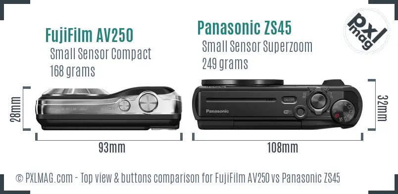FujiFilm AV250 vs Panasonic ZS45 top view buttons comparison