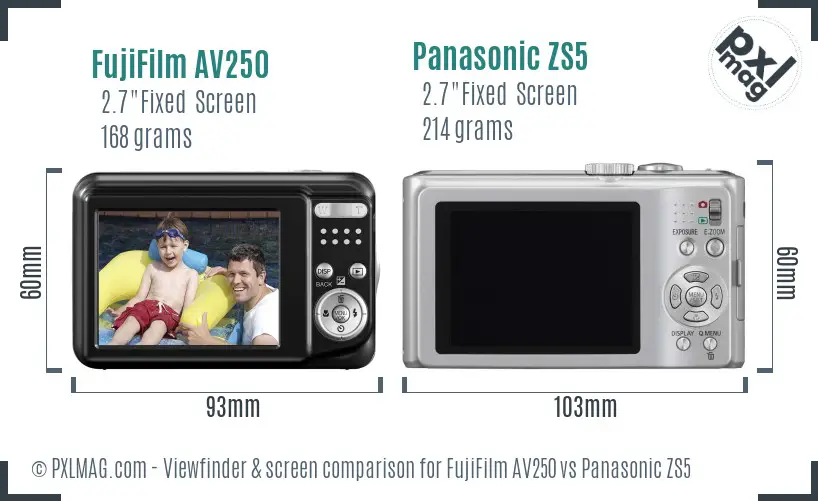 FujiFilm AV250 vs Panasonic ZS5 Screen and Viewfinder comparison