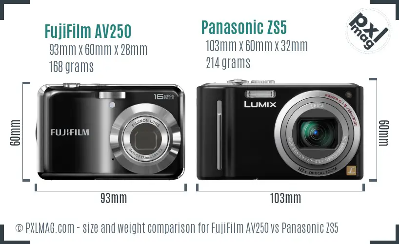 FujiFilm AV250 vs Panasonic ZS5 size comparison