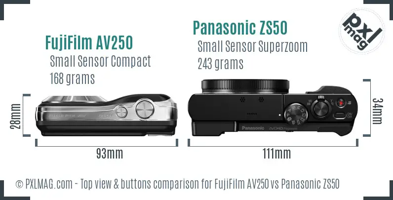 FujiFilm AV250 vs Panasonic ZS50 top view buttons comparison FujiFilm AV250 vs Panasonic ZS50 top view buttons comparison
