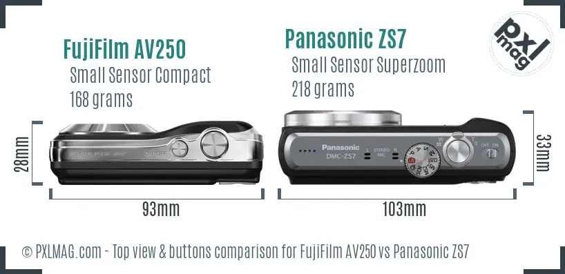 FujiFilm AV250 vs Panasonic ZS7 top view buttons comparison