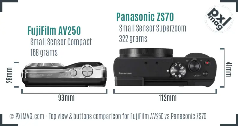 FujiFilm AV250 vs Panasonic ZS70 top view buttons comparison