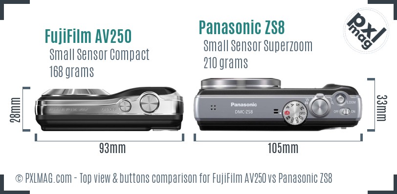 FujiFilm AV250 vs Panasonic ZS8 top view buttons comparison