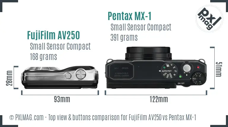 FujiFilm AV250 vs Pentax MX-1 top view buttons comparison
