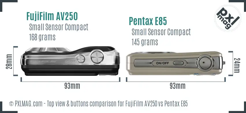 FujiFilm AV250 vs Pentax E85 top view buttons comparison FujiFilm AV250 vs Pentax E85 top view buttons comparison