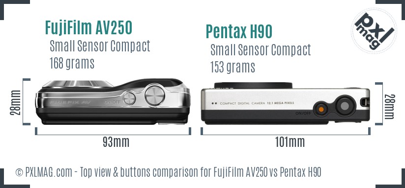 FujiFilm AV250 vs Pentax H90 top view buttons comparison