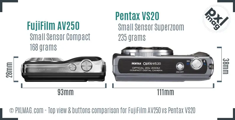 FujiFilm AV250 vs Pentax VS20 top view buttons comparison