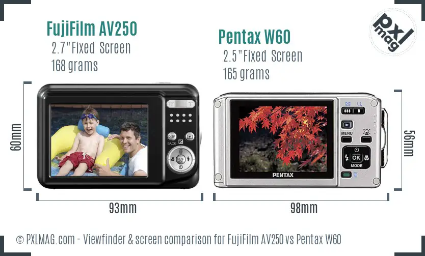 FujiFilm AV250 vs Pentax W60 Screen and Viewfinder comparison