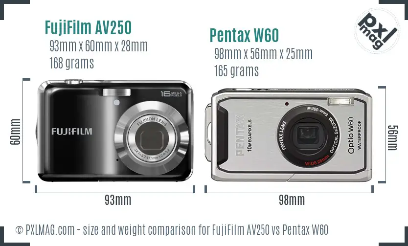 FujiFilm AV250 vs Pentax W60 size comparison