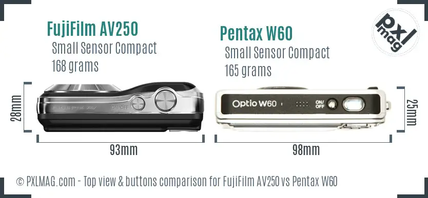 FujiFilm AV250 vs Pentax W60 top view buttons comparison