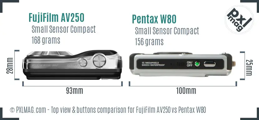 FujiFilm AV250 vs Pentax W80 top view buttons comparison