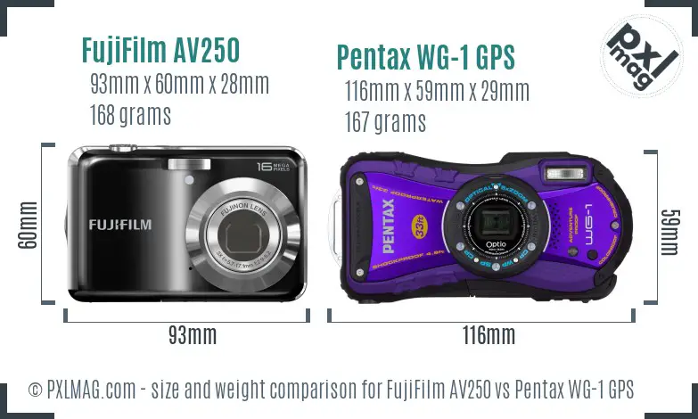 FujiFilm AV250 vs Pentax WG-1 GPS size comparison FujiFilm AV250 vs Pentax WG-1 GPS size comparison