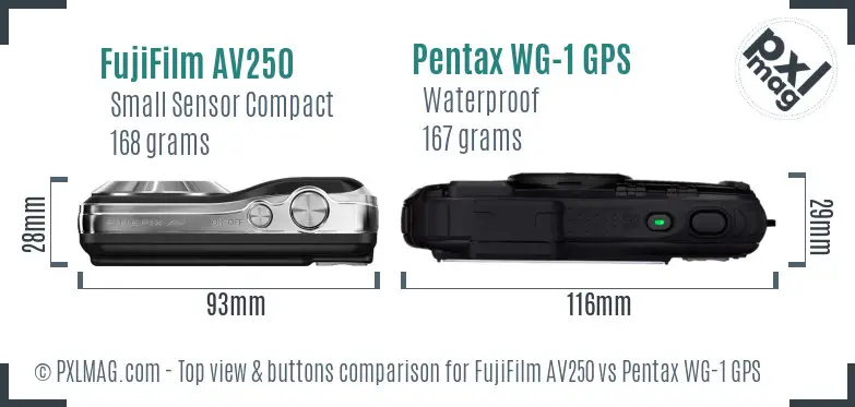 FujiFilm AV250 vs Pentax WG-1 GPS top view buttons comparison FujiFilm AV250 vs Pentax WG-1 GPS top view buttons comparison