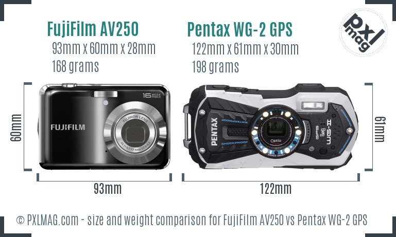 FujiFilm AV250 vs Pentax WG-2 GPS size comparison