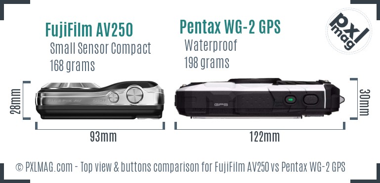 FujiFilm AV250 vs Pentax WG-2 GPS top view buttons comparison