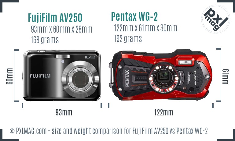 FujiFilm AV250 vs Pentax WG-2 size comparison