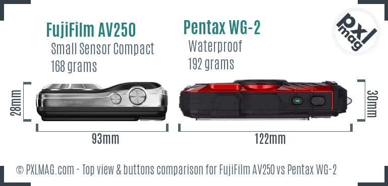 FujiFilm AV250 vs Pentax WG-2 top view buttons comparison