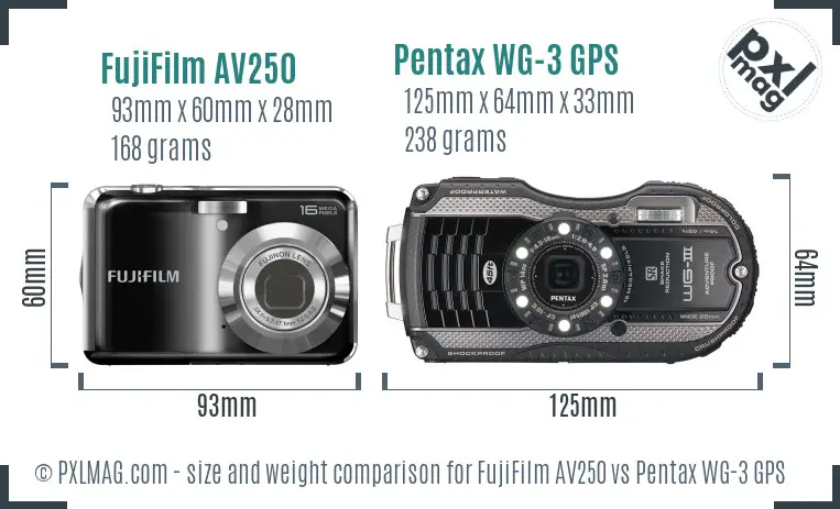 FujiFilm AV250 vs Pentax WG-3 GPS size comparison