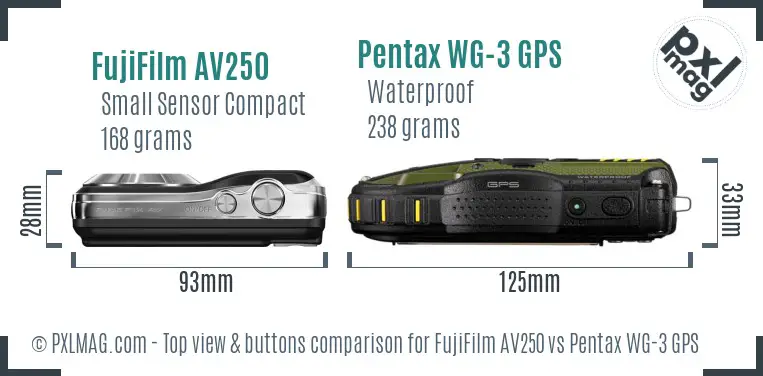 FujiFilm AV250 vs Pentax WG-3 GPS top view buttons comparison
