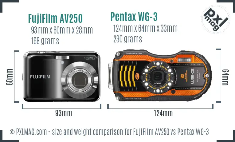 FujiFilm AV250 vs Pentax WG-3 size comparison