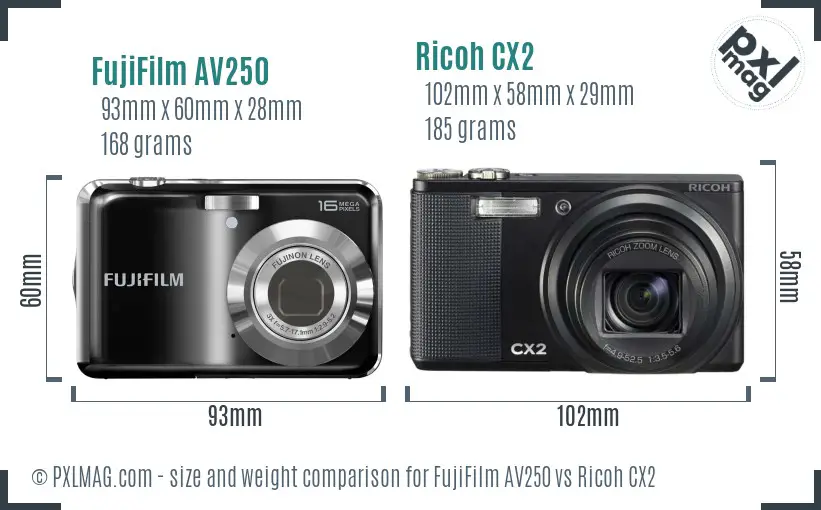 FujiFilm AV250 vs Ricoh CX2 size comparison