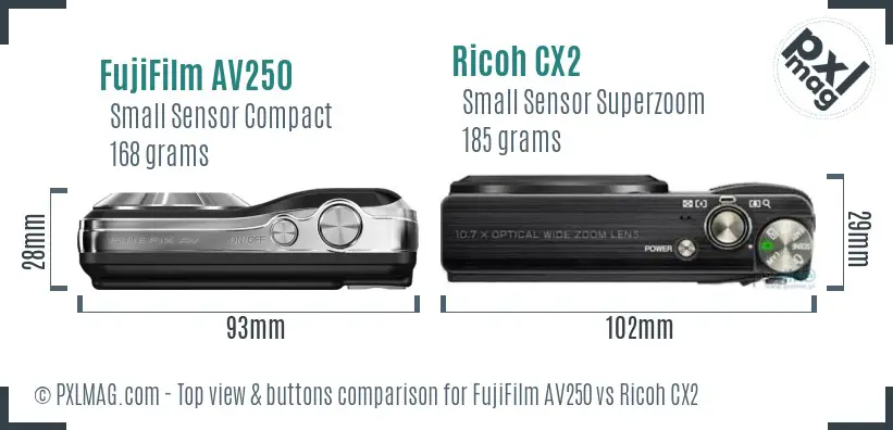 FujiFilm AV250 vs Ricoh CX2 top view buttons comparison