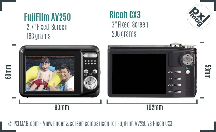 FujiFilm AV250 vs Ricoh CX3 Screen and Viewfinder comparison