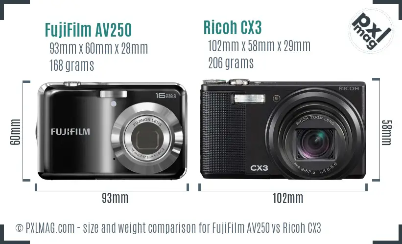 FujiFilm AV250 vs Ricoh CX3 size comparison
