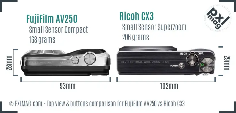 FujiFilm AV250 vs Ricoh CX3 top view buttons comparison