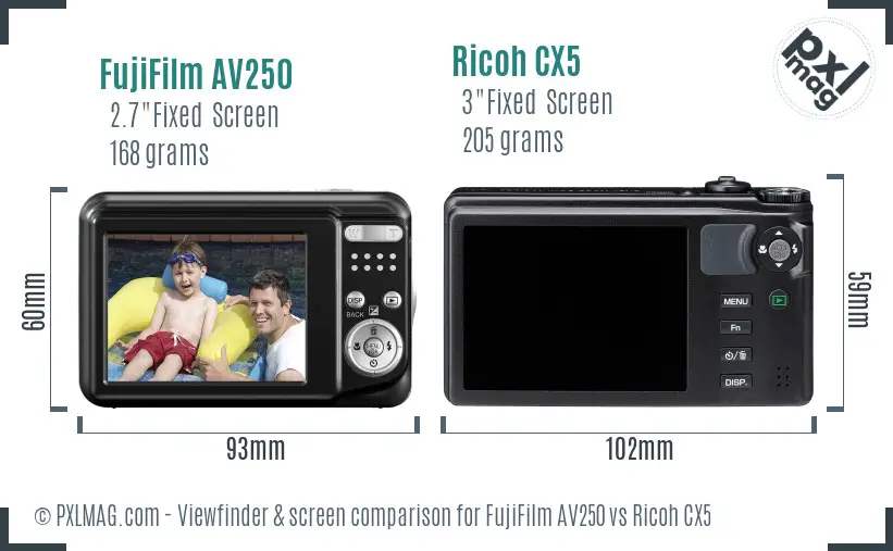 FujiFilm AV250 vs Ricoh CX5 Screen and Viewfinder comparison