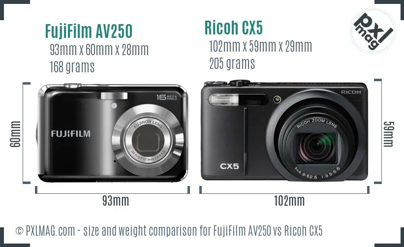 FujiFilm AV250 vs Ricoh CX5 size comparison