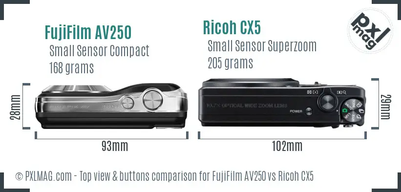 FujiFilm AV250 vs Ricoh CX5 top view buttons comparison