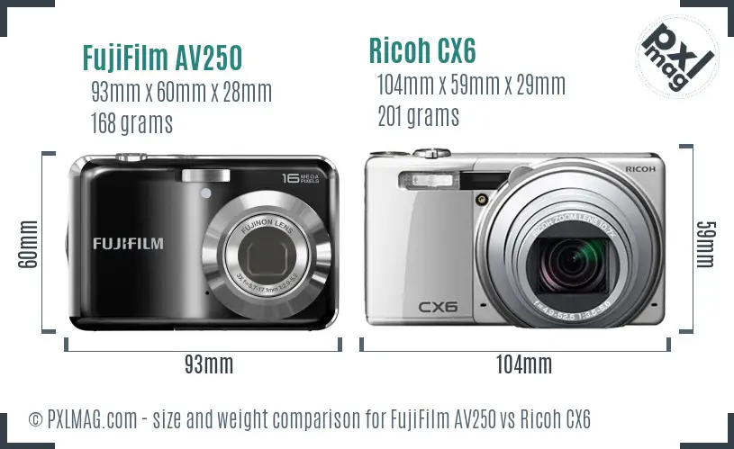 FujiFilm AV250 vs Ricoh CX6 size comparison FujiFilm AV250 vs Ricoh CX6 size comparison
