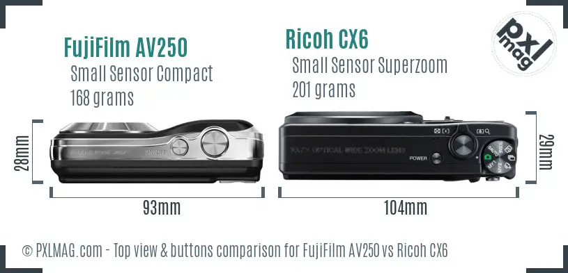 FujiFilm AV250 vs Ricoh CX6 top view buttons comparison FujiFilm AV250 vs Ricoh CX6 top view buttons comparison