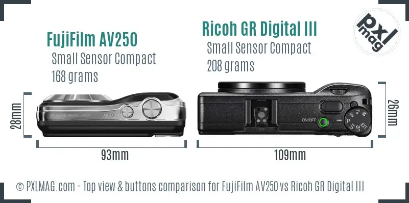 FujiFilm AV250 vs Ricoh GR Digital III top view buttons comparison FujiFilm AV250 vs Ricoh GR Digital III top view buttons comparison