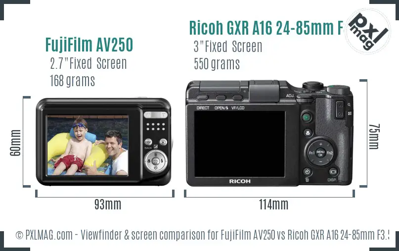 FujiFilm AV250 vs Ricoh GXR A16 24-85mm F3.5-5.5 Screen and Viewfinder comparison