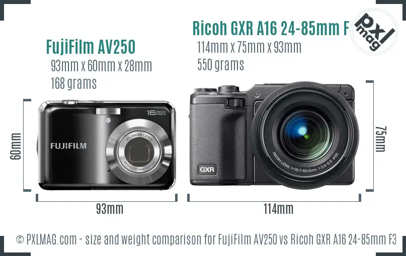 FujiFilm AV250 vs Ricoh GXR A16 24-85mm F3.5-5.5 size comparison