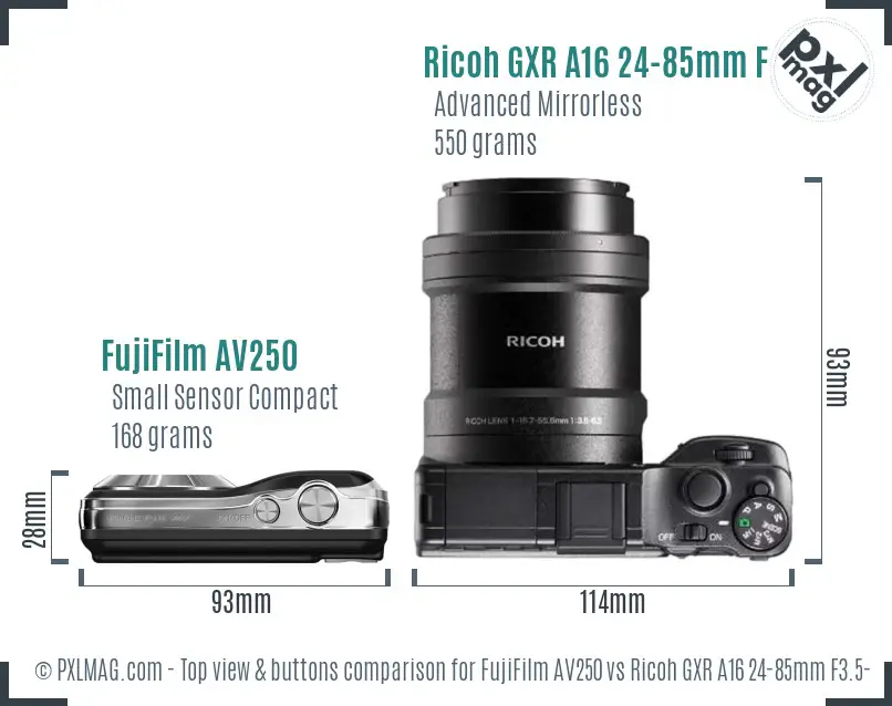 FujiFilm AV250 vs Ricoh GXR A16 24-85mm F3.5-5.5 top view buttons comparison