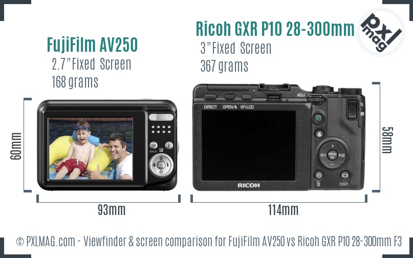 FujiFilm AV250 vs Ricoh GXR P10 28-300mm F3.5-5.6 VC Screen and Viewfinder comparison