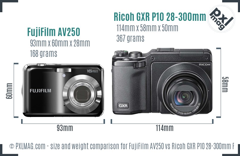 FujiFilm AV250 vs Ricoh GXR P10 28-300mm F3.5-5.6 VC size comparison FujiFilm AV250 vs Ricoh GXR P10 28-300mm F3.5-5.6 VC size comparison