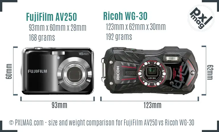 FujiFilm AV250 vs Ricoh WG-30 size comparison